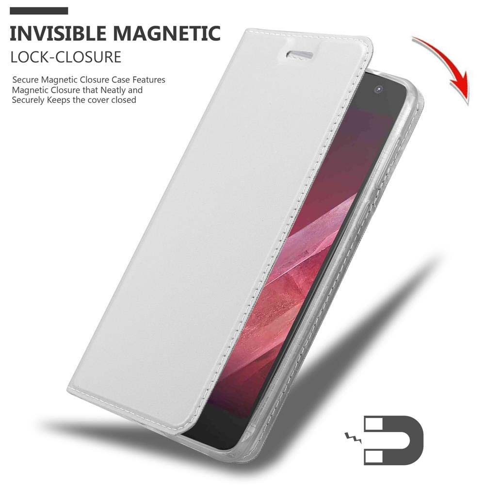 Custodia bianca per telefono aperta per rivelare un telefono. Chiusura magnetica invisibile è scritta sotto.