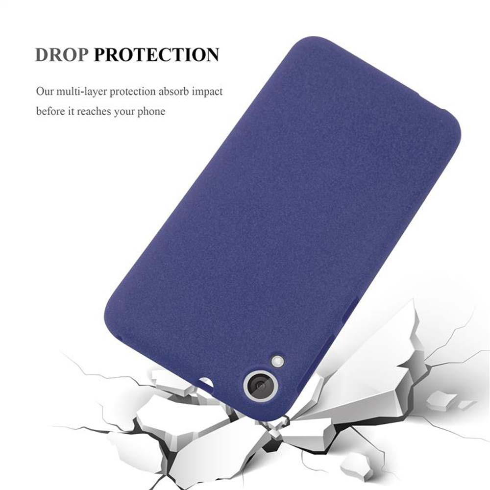 Custodia blu per telefono, leggermente angolata su sfondo bianco. Testo: Protezione contro le cadute. Assorbimento degli urti.