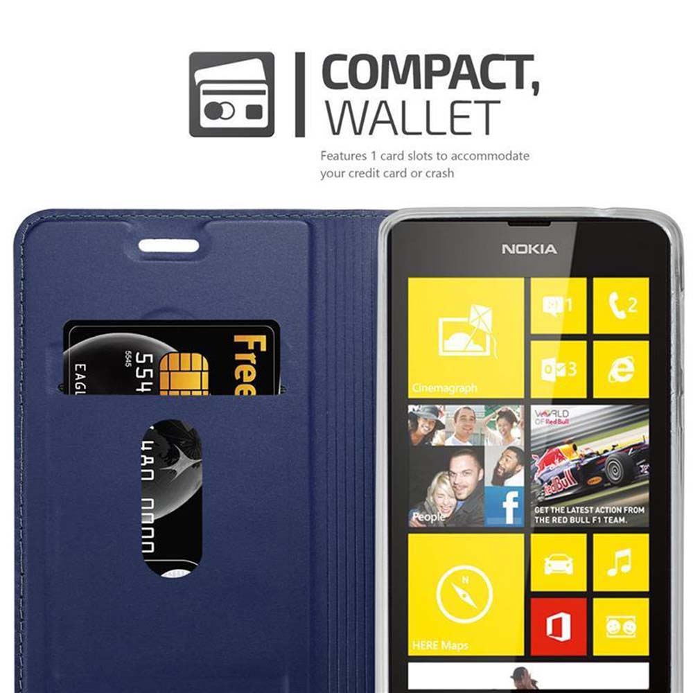 Funda tipo cartera azul con teléfono y ranuras para tarjetas. Dice 'Cartera Compacta'.