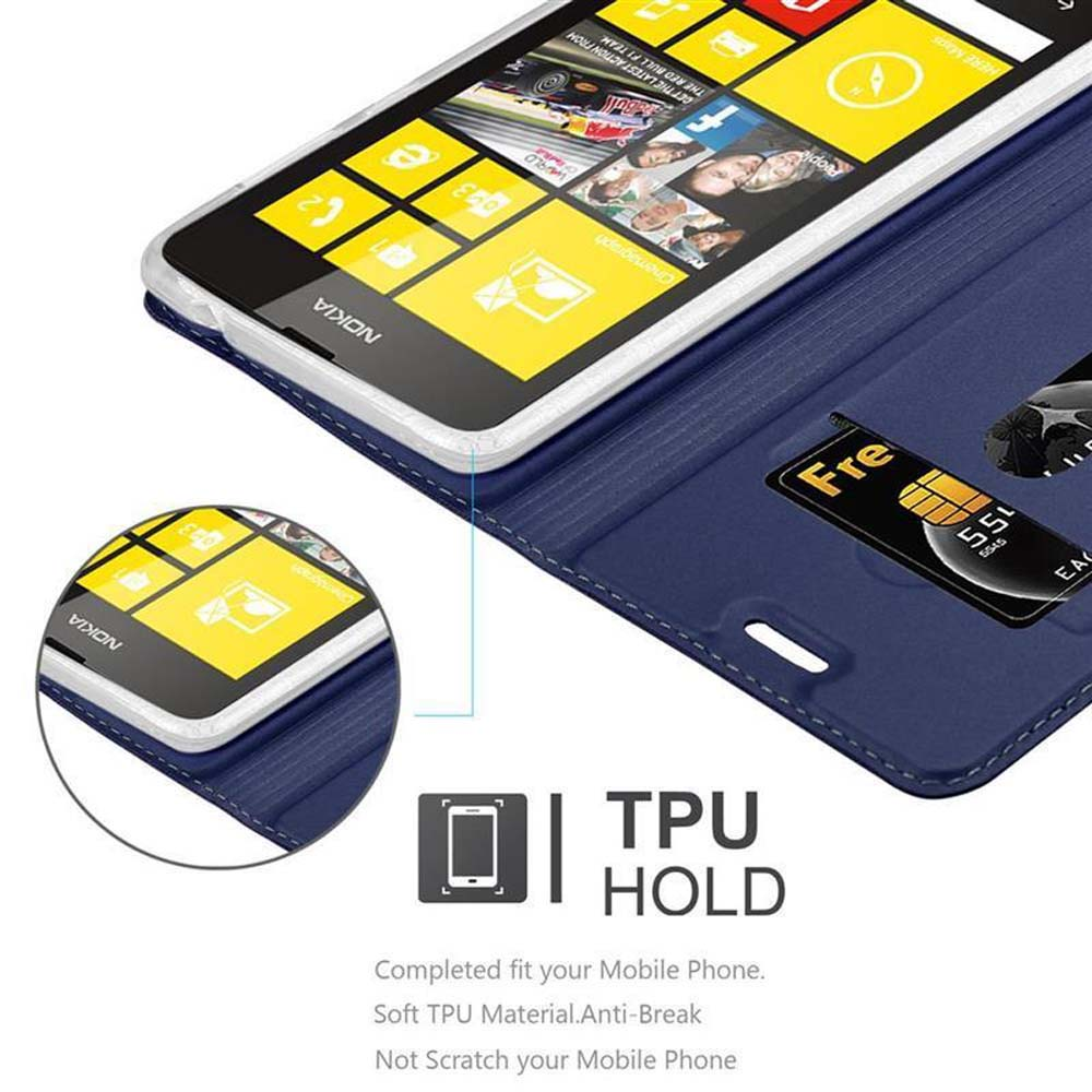 Funda azul abierta mostrando un teléfono Nokia con tarjeta de crédito dentro. También se ve TPU HOLD.