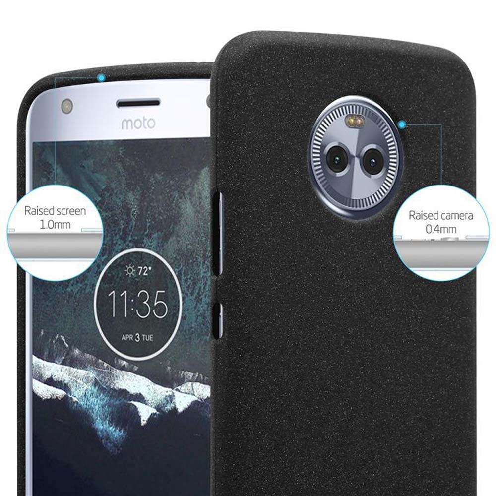 Funda de teléfono negra, vista de cerca. Pantalla y cámara elevadas.