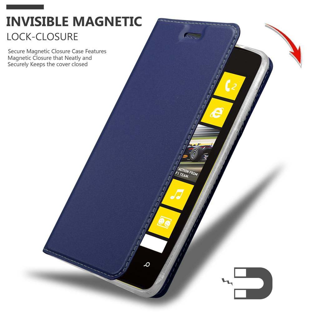 Funda azul abierta, pantalla del teléfono visible. Texto: Cierre magnético invisible.