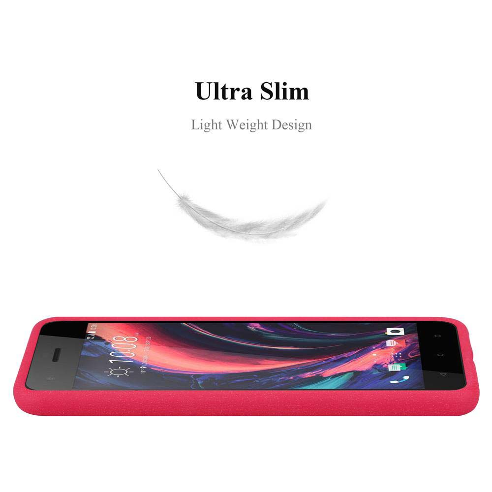Custodia rossa per telefono su sfondo bianco. Testo: Ultra Slim. Una piuma fluttua sopra.