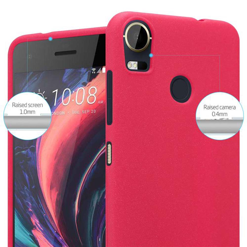 Primo piano di una custodia per telefono rossa, che mostra i dettagli della fotocamera e dello schermo.