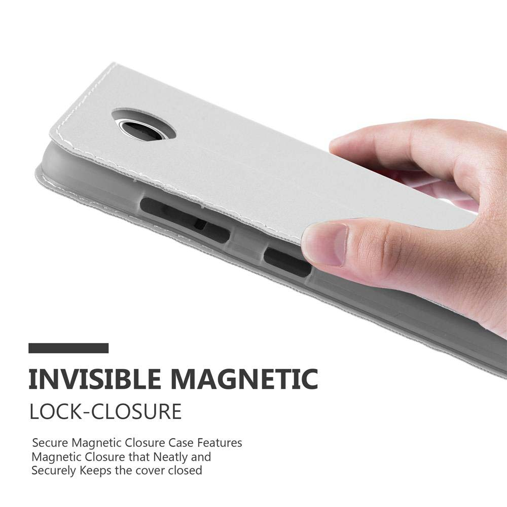 Mano che tiene una custodia grigia. Sistema di chiusura magnetica.