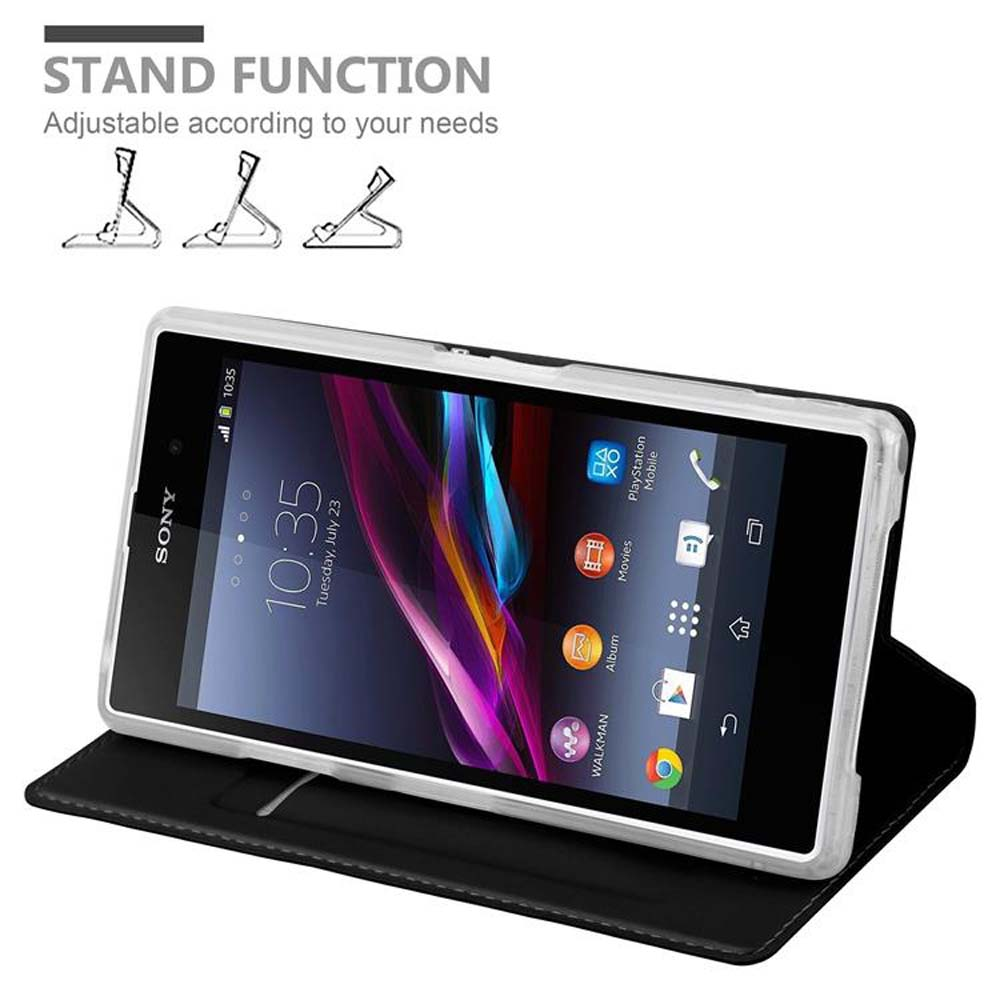 Smartphone nero in custodia, con icone. Il testo indica la funzione supporto.
