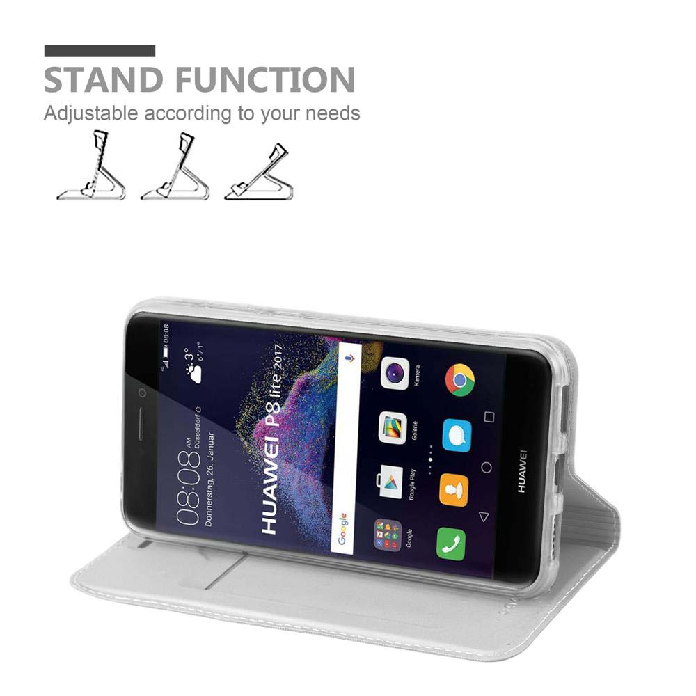 Custodia bianca con telefono all'interno, funzione supporto. Testo: Regolabile in base alle tue esigenze.