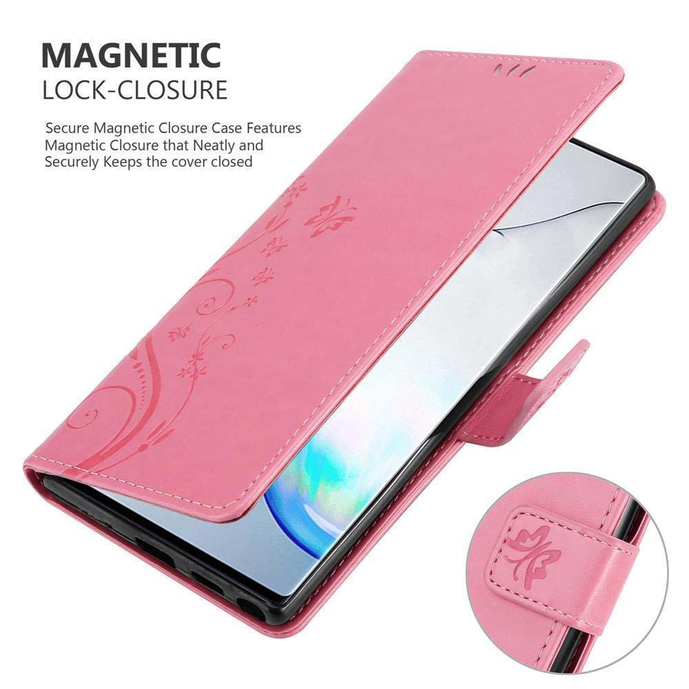 Custodia per telefono rosa aperta con un telefono all'interno. La custodia ha una chiusura magnetica e un design floreale.