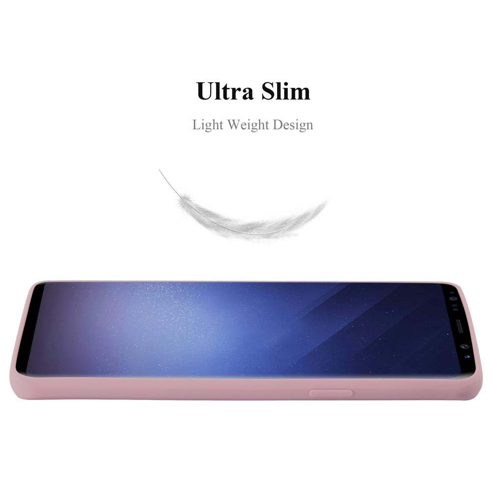 Custodia rosa per telefono con telefono. Sfondo bianco, piuma. Testo: Ultra Slim, Light Weight Design.