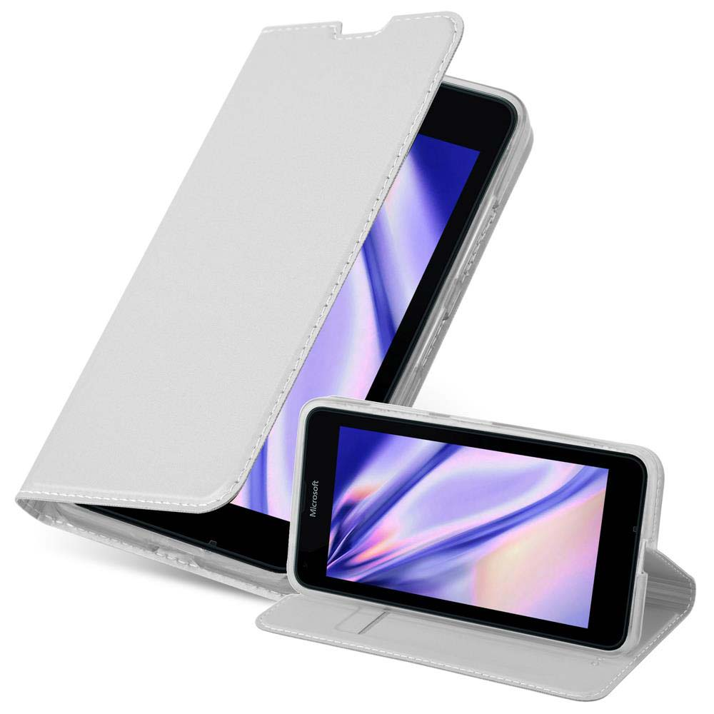 Funda de teléfono blanca con dos teléfonos dentro. La funda está abierta y ambos teléfonos muestran un fondo abstracto morado.