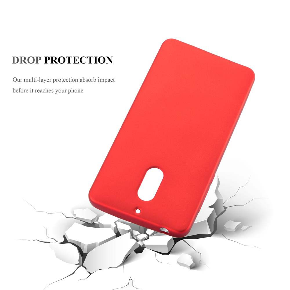 Custodia rossa per telefono, terreno crepato. Testo: Protezione da caduta. La custodia sembra leggermente sopra il terreno.