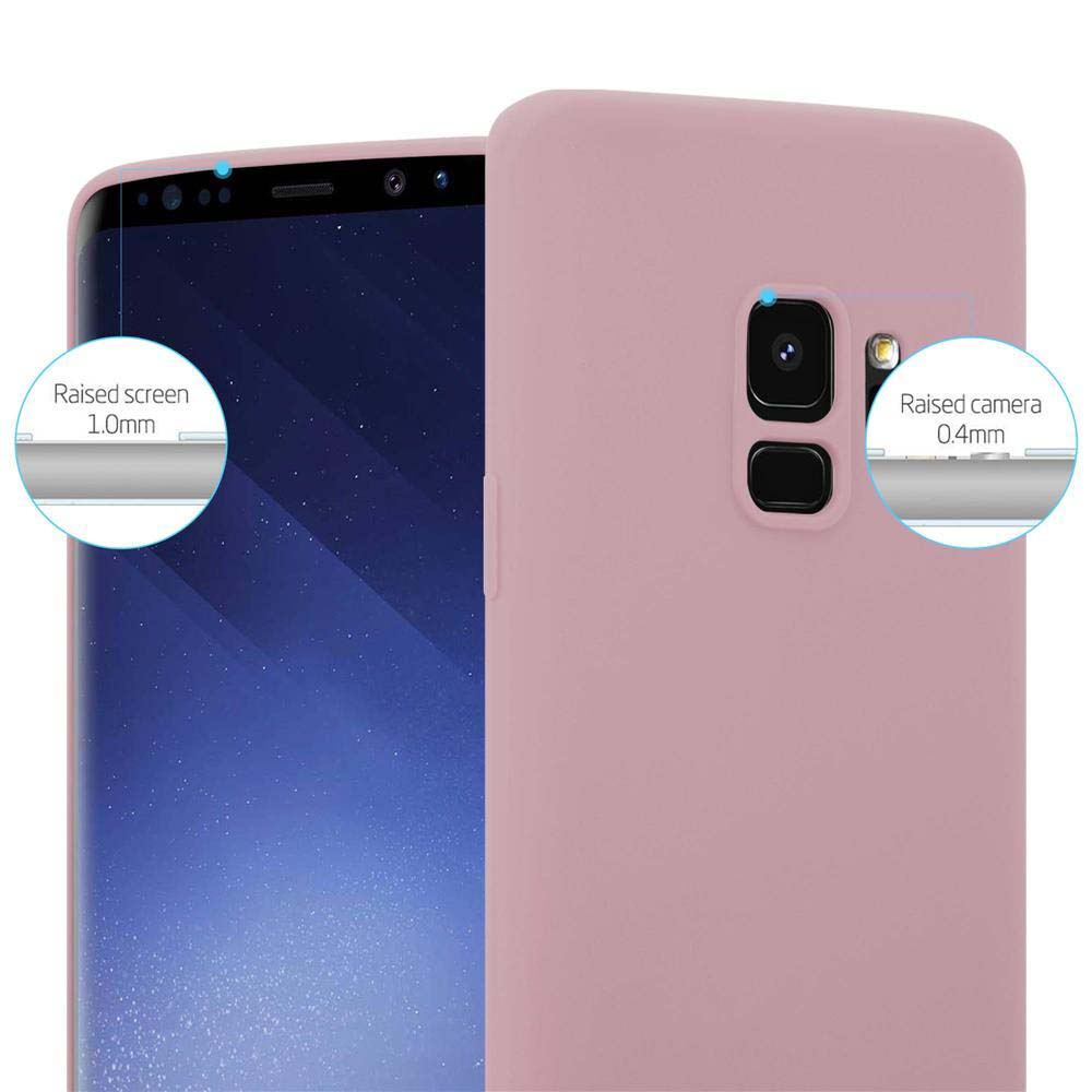 Un telefono e una custodia rosa sono visualizzati. Il retro del telefono è visibile, con protezione rialzata per fotocamera e schermo.