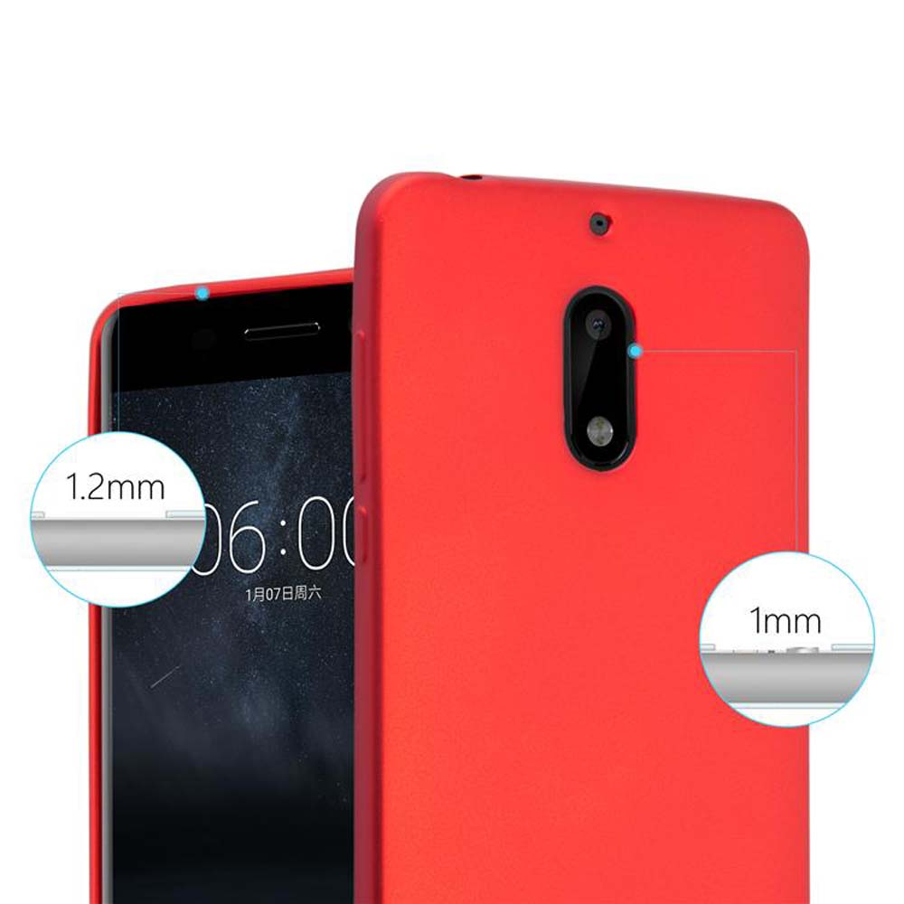 Telefono rosso con custodia rossa, che mostra le misure: 1,2 mm e 1 mm. Lo schermo è visibile.