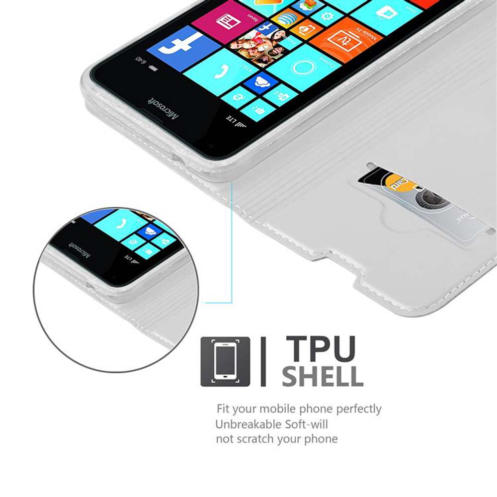 Un teléfono en una funda blanca. Una tarjeta de crédito está en una ranura. El texto de abajo dice: TPU Shell. Ajuste perfecto.