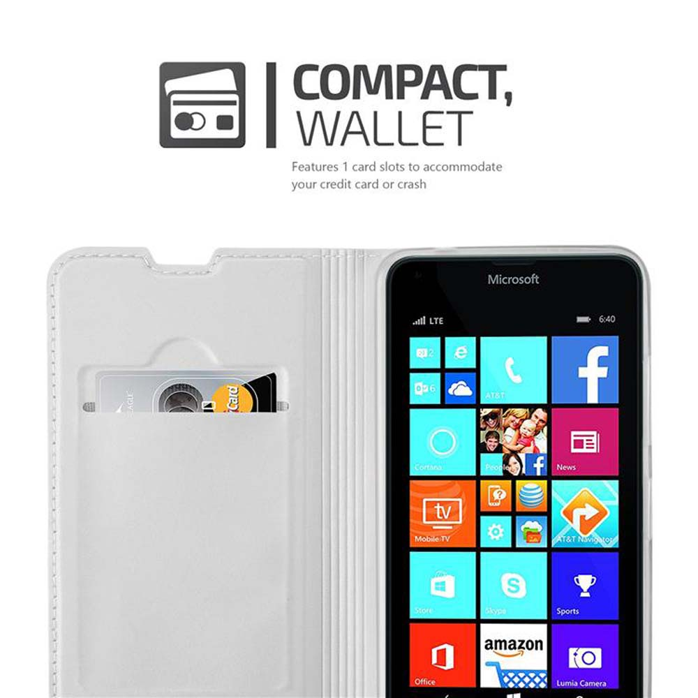 Teléfono en funda billetera blanca con ranura para tarjeta. La pantalla muestra apps.