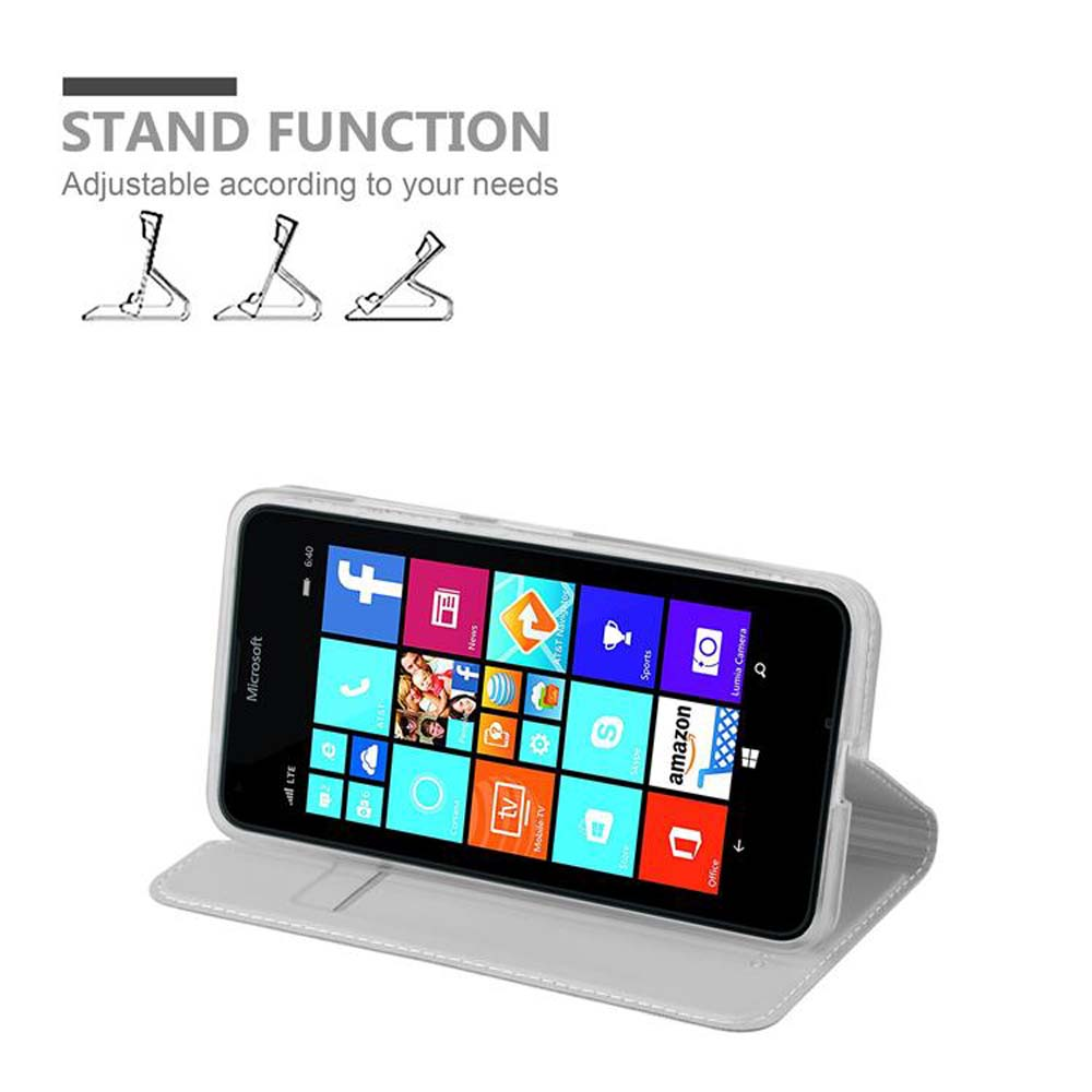 Teléfono en funda blanca, mostrado en función de soporte con iconos en la pantalla.