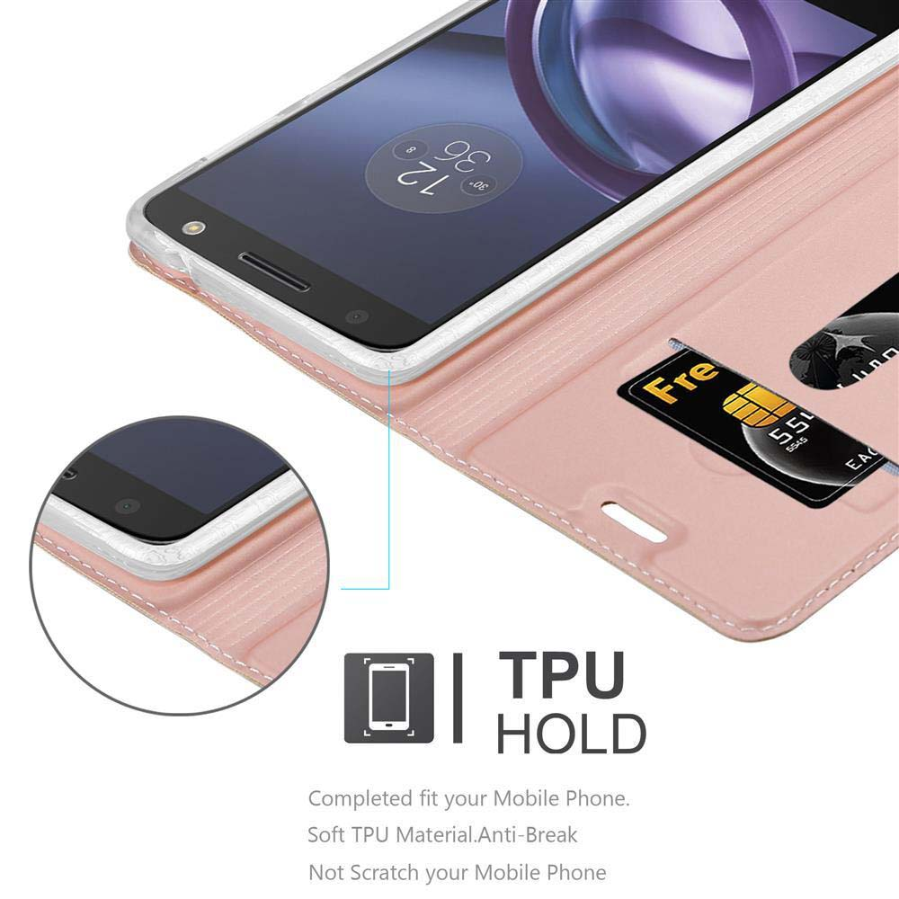 Un telefono in una custodia rosa con una carta all'interno, che mostra un orologio, una custodia per telefono.
