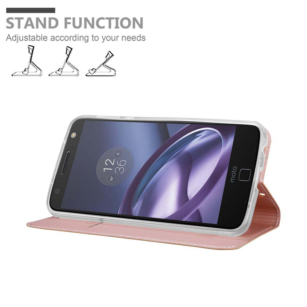 Telefono in custodia rosa. Custodia aperta, sollevata. Testo: Funzione supporto.
