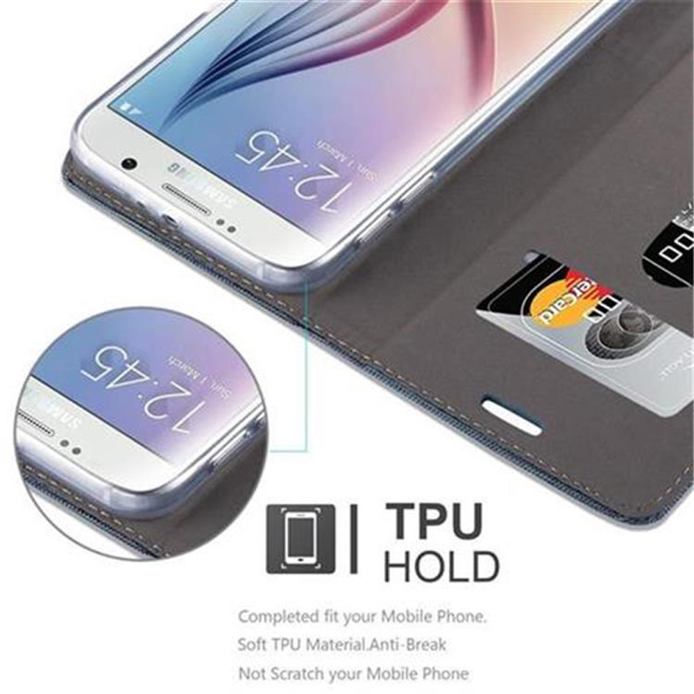 Un telefono è mostrato all'interno di una custodia, mostrando una carta di credito in uno slot. Il testo recita 'TPU HOLD'.