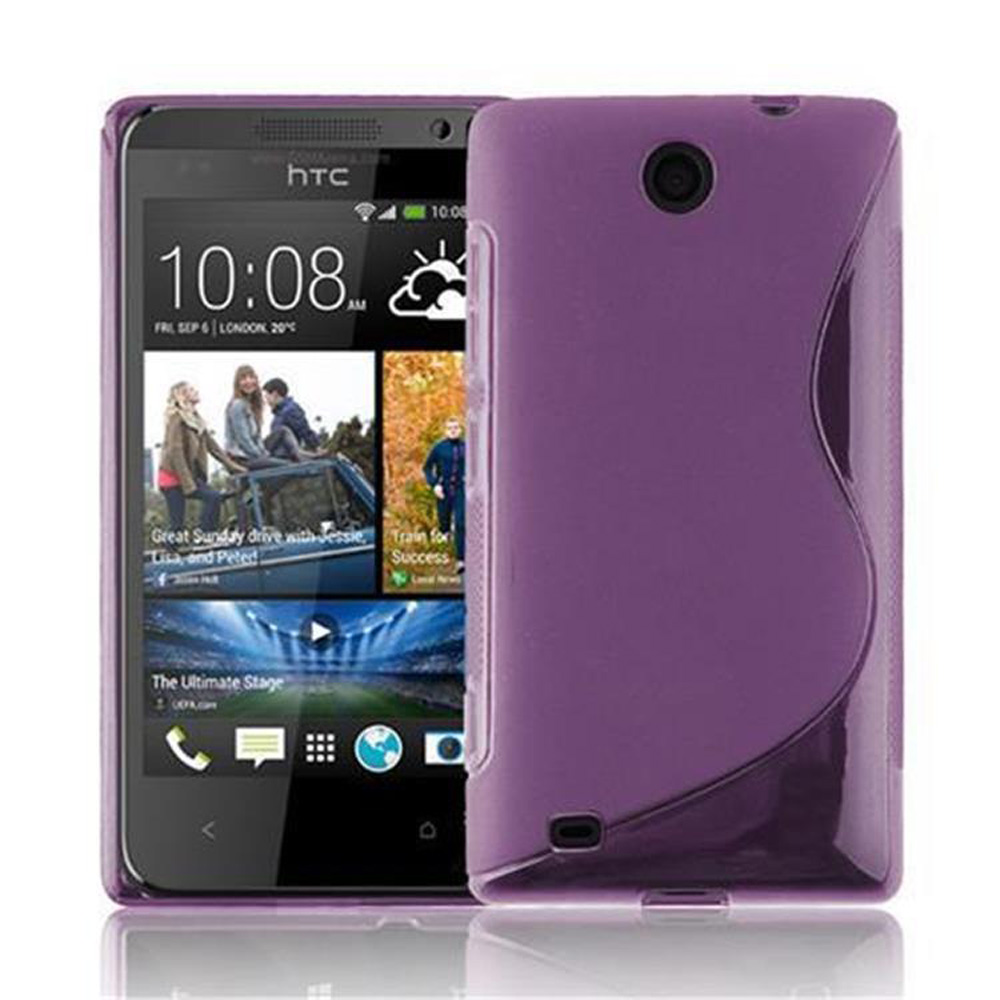 Telefono HTC viola con custodia viola, con lo schermo che mostra una scena e il retro.