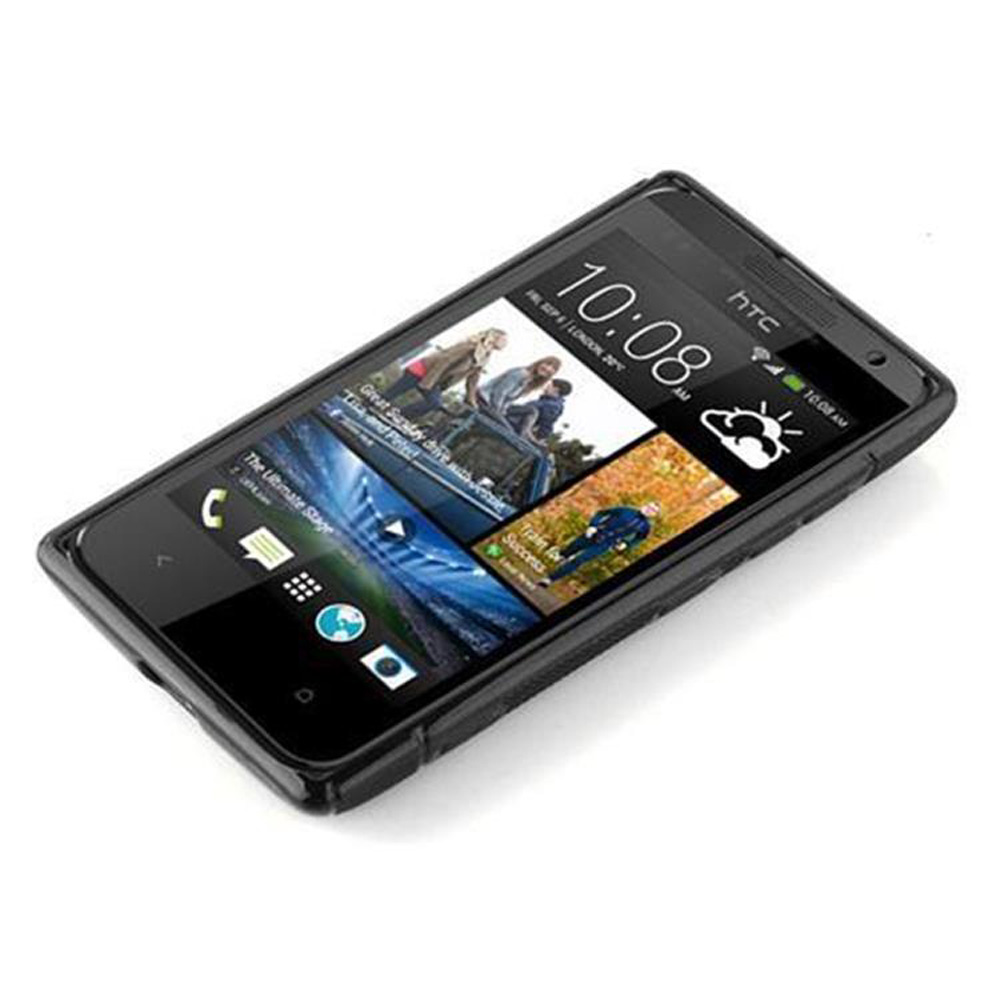 Telefon mit schwarzem Gehäuse, das einen Homescreen mit Datum anzeigt. Text: 10:08.