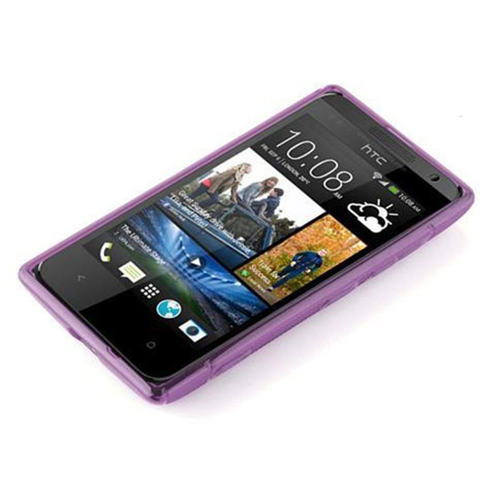 Telefono in custodia viola. Schermo mostra ora e screenshot. Su superficie bianca.