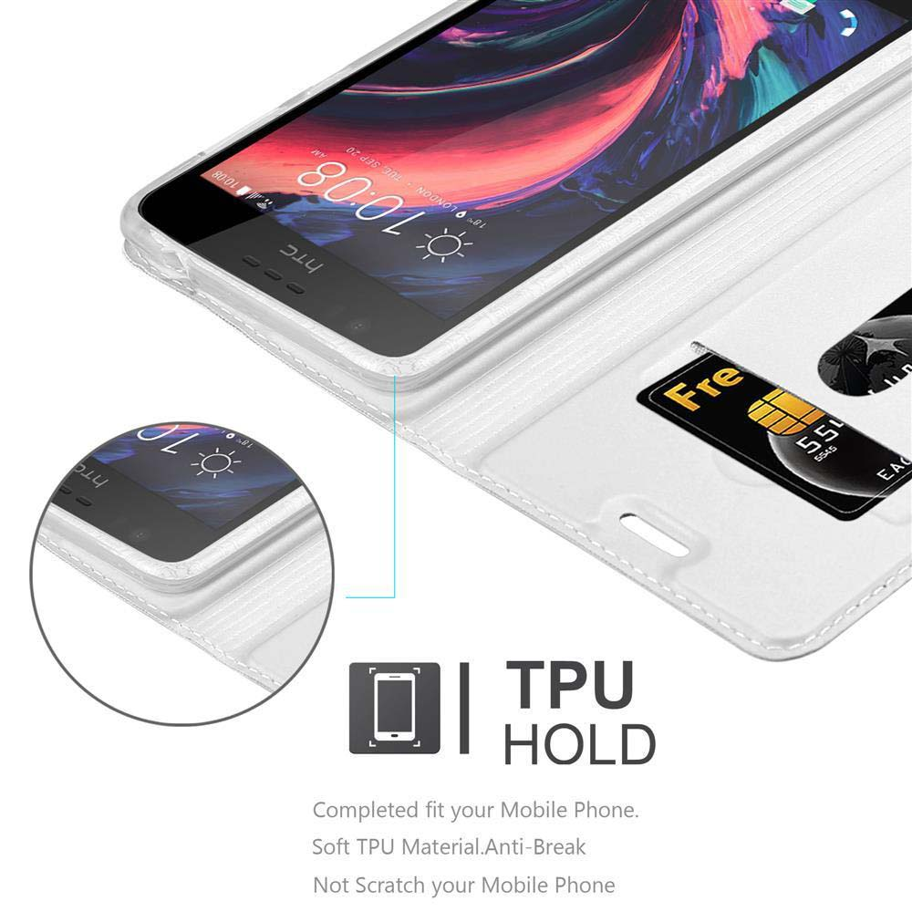 Custodia aperta con un telefono all'interno. Carta e schermo del telefono visibili. Marchio HTC. Testo di tenuta in TPU.