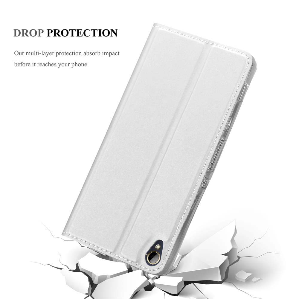 Una custodia per telefono bianca che cade, incrinando la superficie. Testo: "DROP PROTECTION".