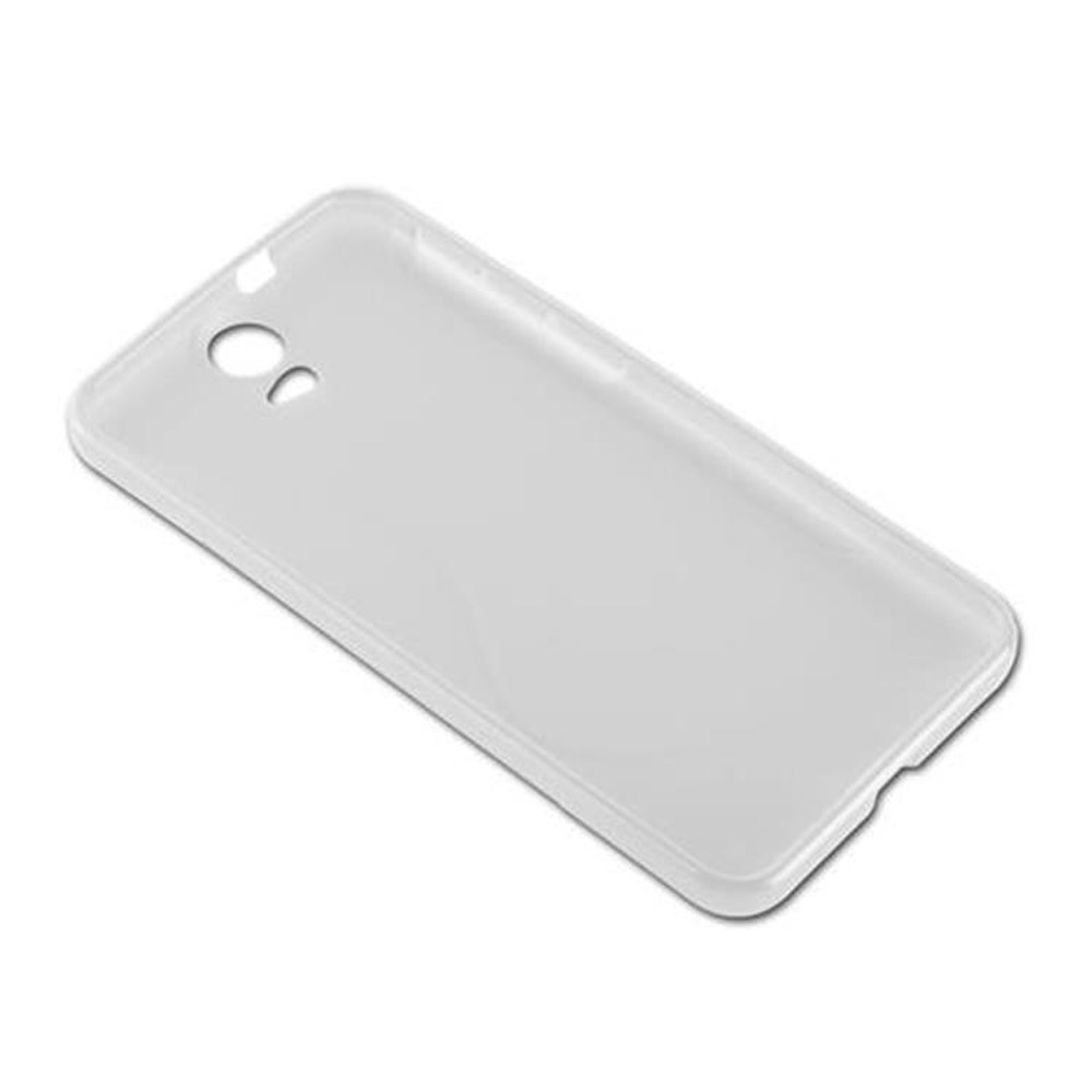 Custodia bianca per telefono su sfondo bianco, angolata. Due aperture circolari.