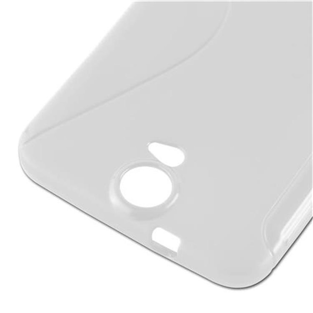 Custodia bianca per telefono con fori per fotocamera e pulsanti. Sfondo bianco.