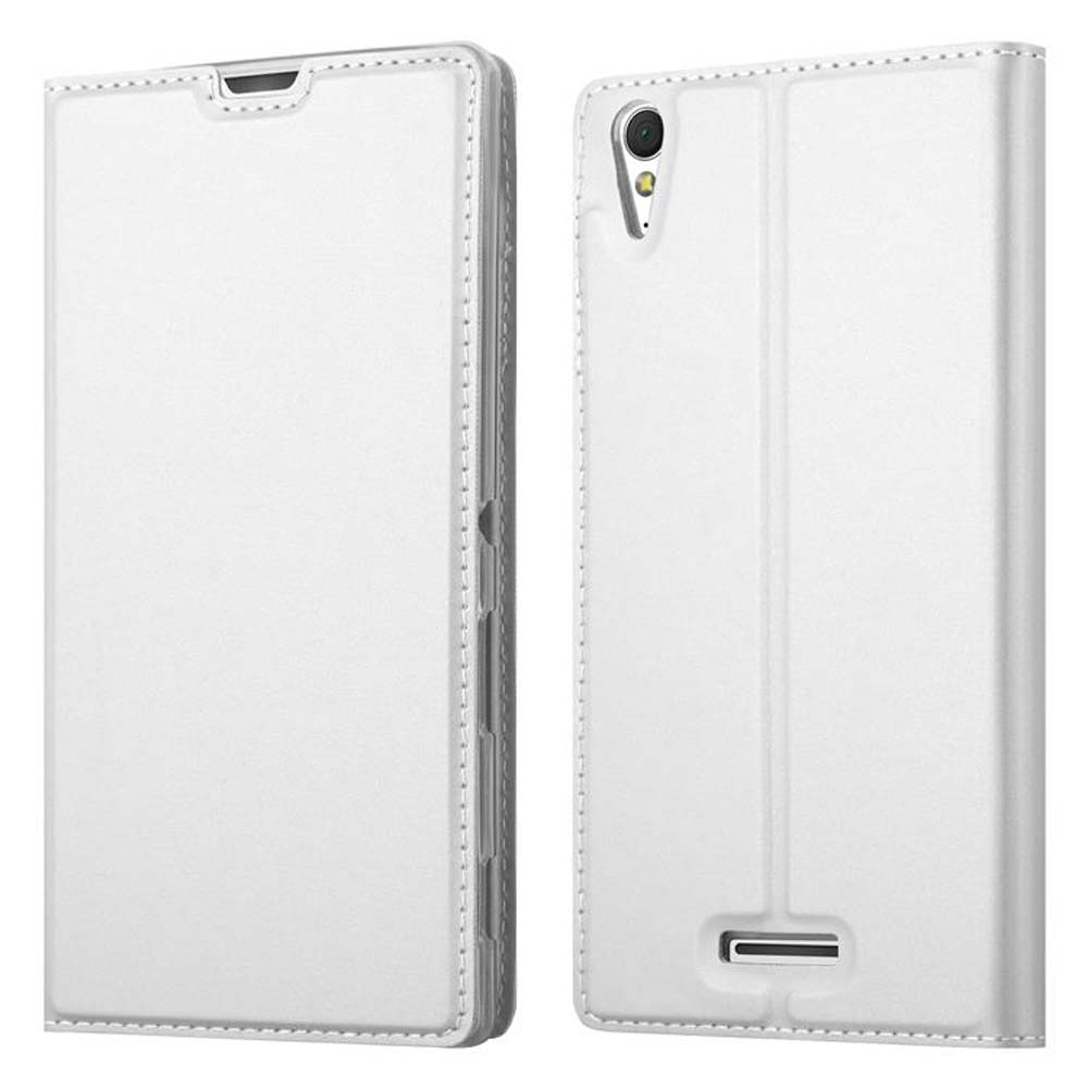 Funda de teléfono blanca, abierta. Dos lados visibles. Ambos blancos lisos.