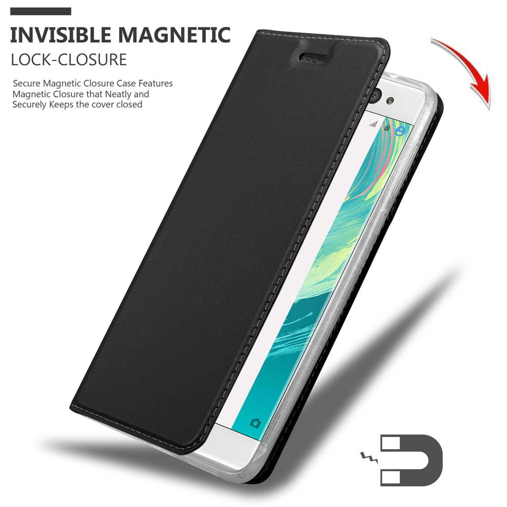 Custodia nera per telefono aperta, che mostra un telefono. Dettaglio chiusura magnetica con freccia. Testo: INVISIBLE MAGNETIC LOCK-CLOSURE.