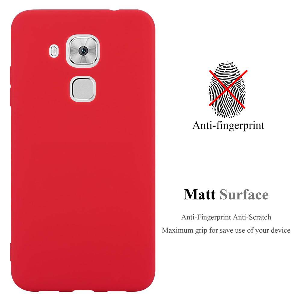 Una custodia per telefono rossa. La custodia ha un foro per la fotocamera ed è anti-impronta e antigraffio.