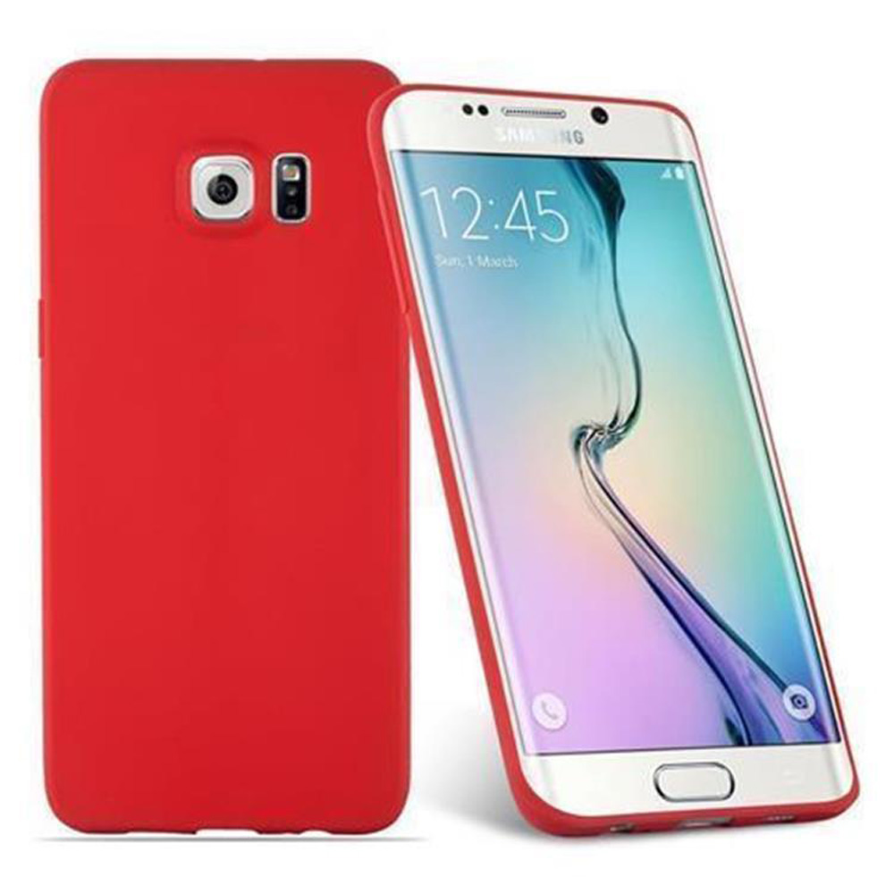 Telefono rosso con custodia rossa. Testo: Samsung e l'ora è 12:45.