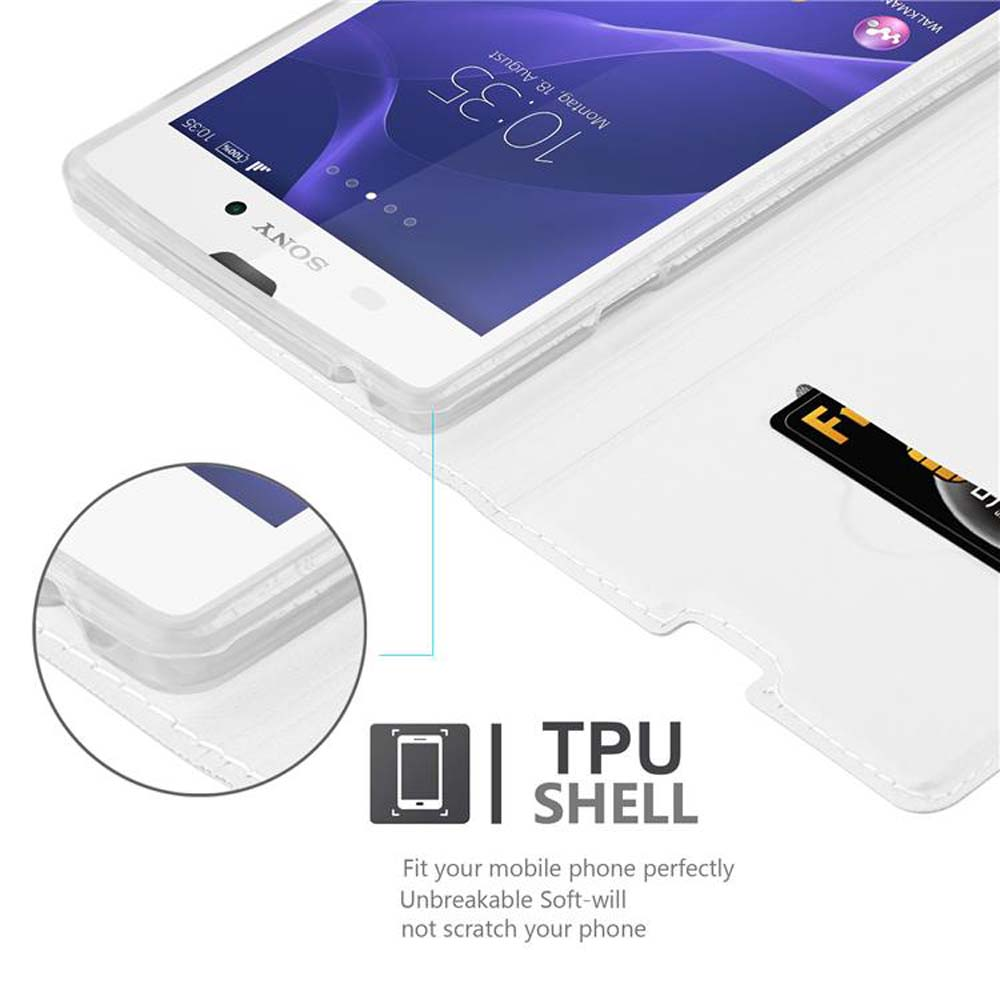 Teléfono blanco en funda transparente, en ángulo, con tarjeta en la funda.
