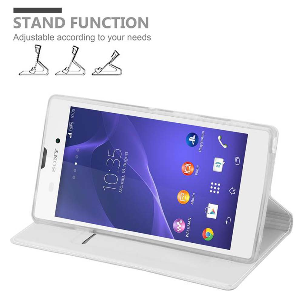 Teléfono blanco en una funda blanca abierta, con función de soporte. El teléfono tiene una pantalla.