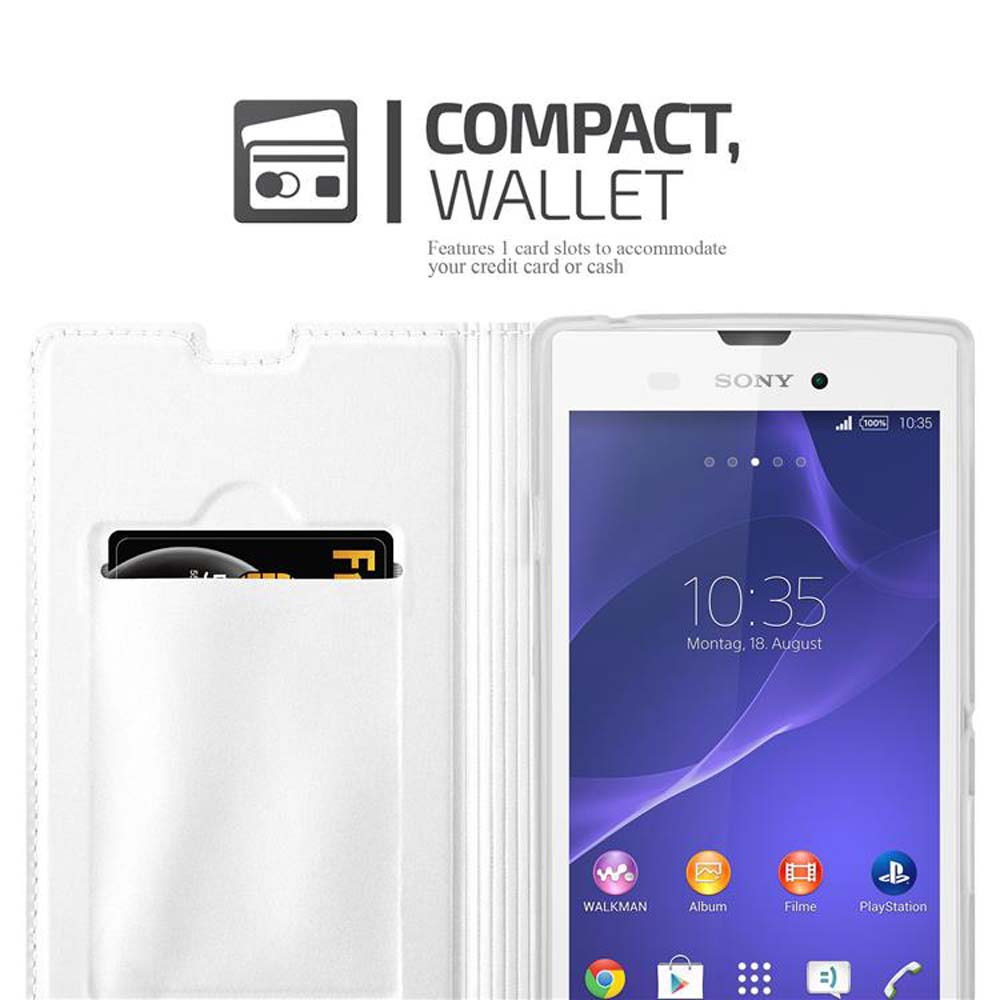 Funda blanca tipo cartera con ranura para tarjetas. Hay una tarjeta de crédito negra dentro. Se muestra un teléfono.