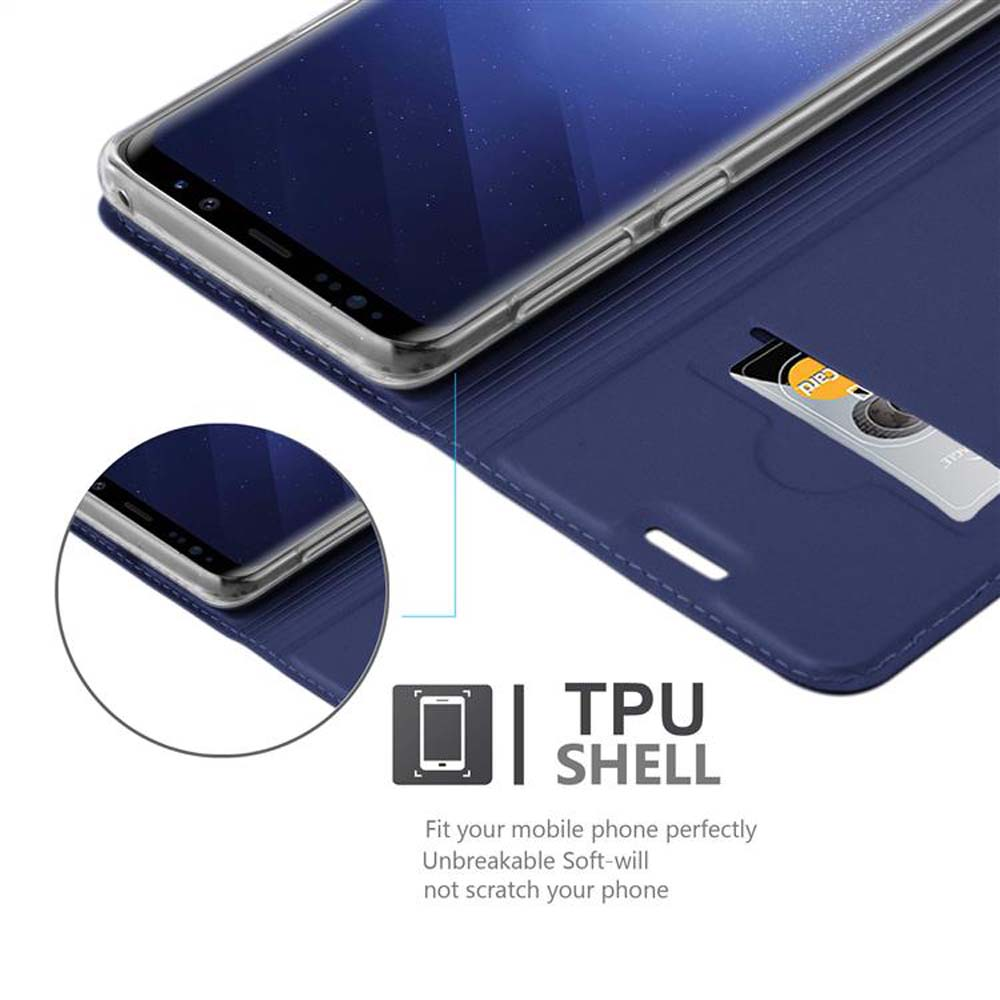 Custodia blu per telefono con un telefono all'interno. Una carta è dentro la custodia. Testo: TPU SHELL. Schermo del telefono visibile.