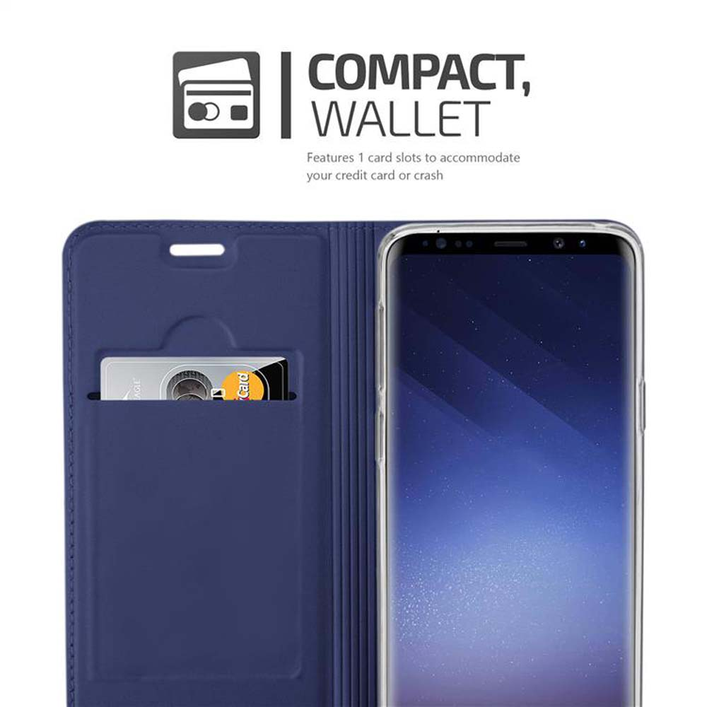 Custodia per telefono blu con fessura per carta di credito. Il telefono è visibile. Il testo indica portafoglio compatto.