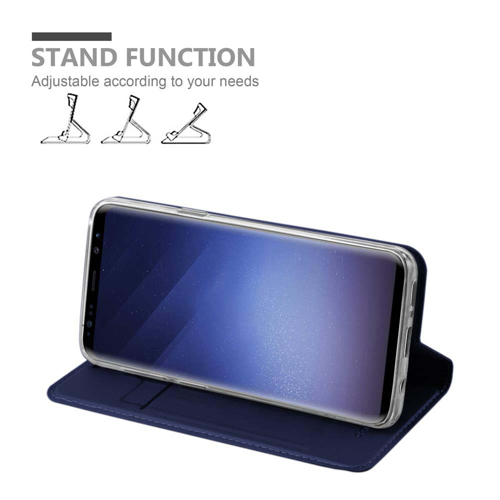 Telefono in custodia blu, funzione supporto. Testo: Regolabile in base alle tue esigenze.