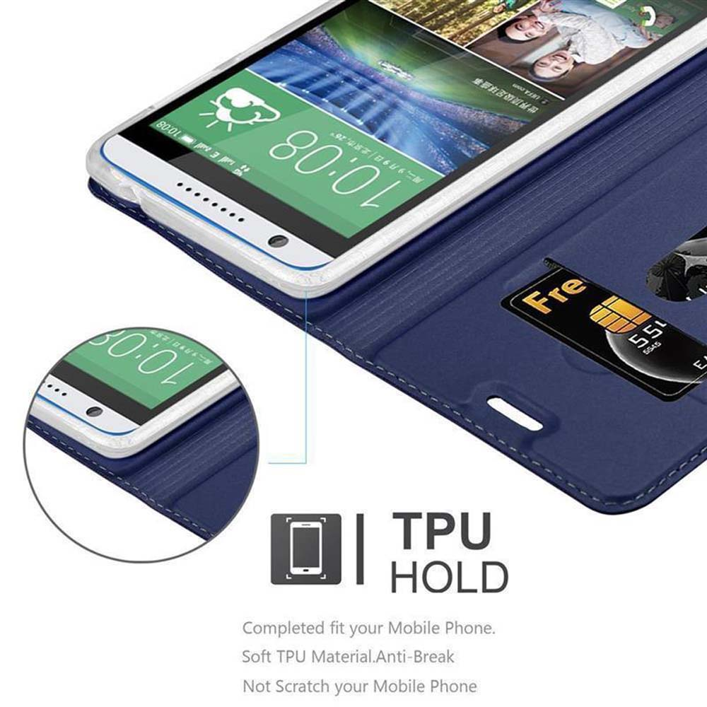 Custodia blu, con telefono dentro, slot per schede e testo.
