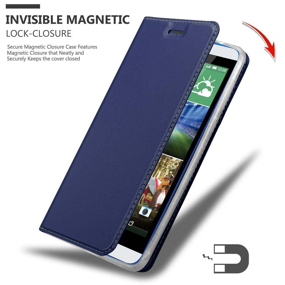 Custodia del telefono blu. Testo: CHIUSURA MAGNETICA INVISIBILE.