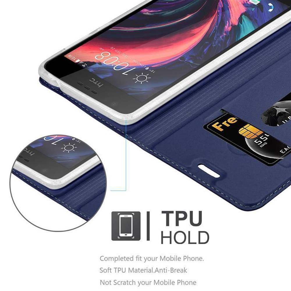 Telefono blu in una custodia blu, aperto. Lo schermo mostra l'ora. Testo: TPU HOLD, si adatta al tuo cellulare.