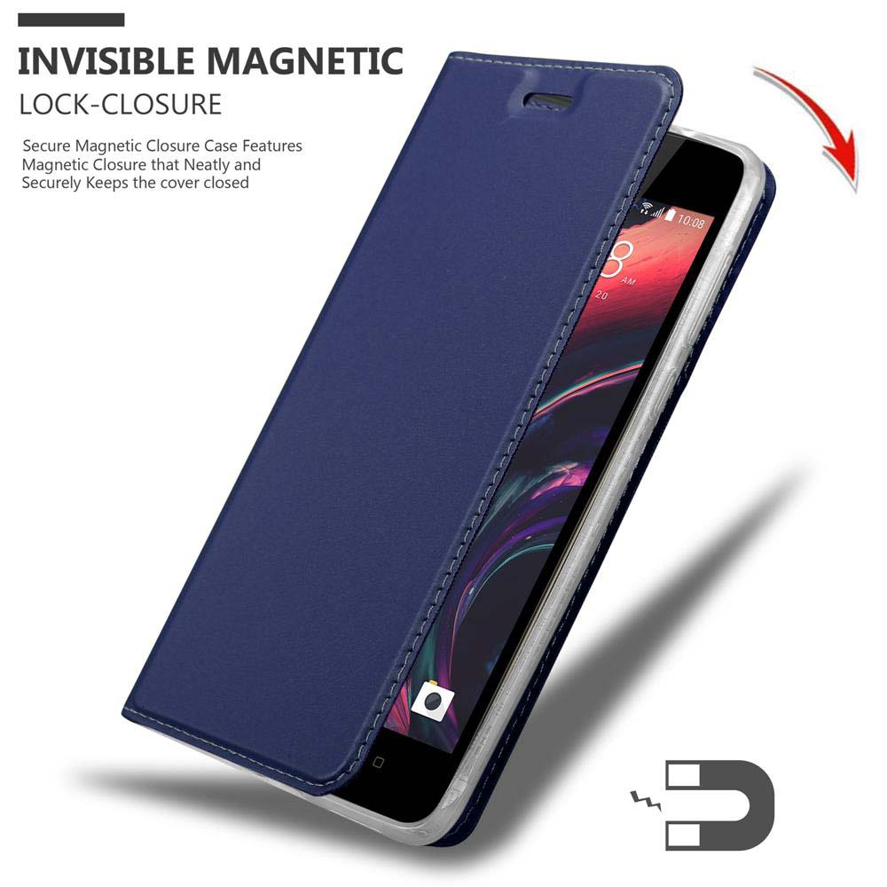Telefono in custodia a portafoglio blu. Testo: 'INVISIBLE MAGNETIC LOCK-CLOSURE'.