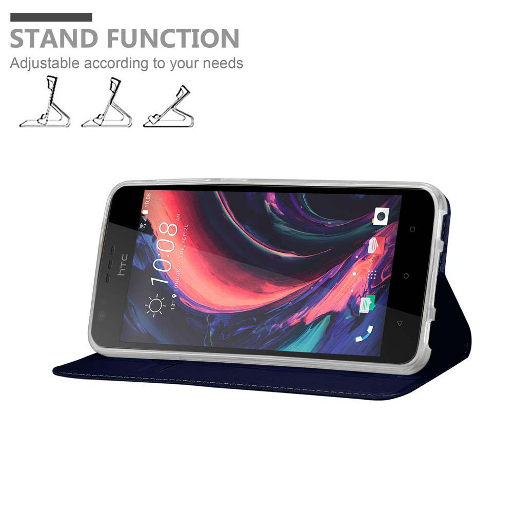 Telefono in una custodia, aperto per visualizzare lo schermo. Funzione di supporto con angoli regolabili. La custodia è blu scuro.