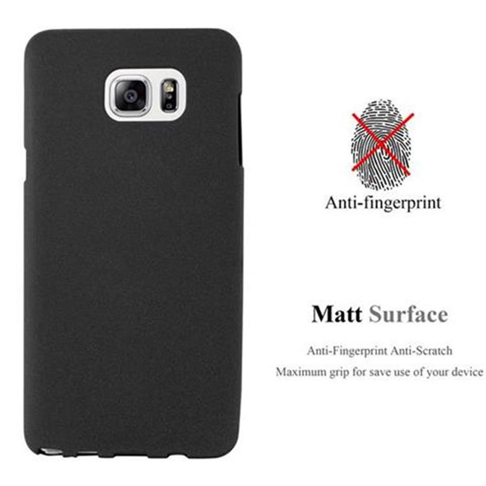 Una funda negra para teléfono con superficie mate. Se muestra un símbolo de huella dactilar con una X roja.