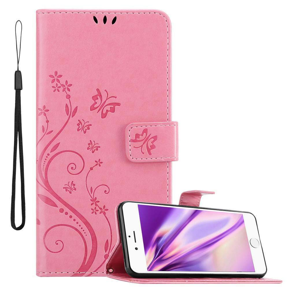 Rosa Handyhülle mit Schmetterlingsdesign, mit Telefon innen.
