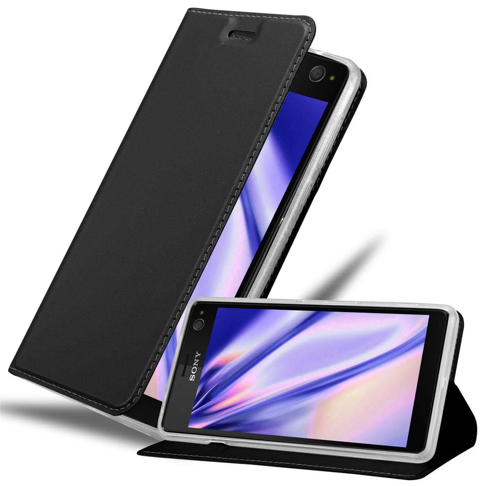 Custodia nera per telefono, aperta che mostra un telefono. Il telefono è in una cornice. Logo Sony.