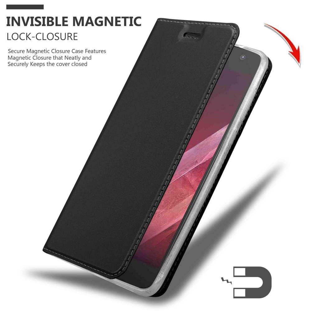 Un telefono in una custodia nera. La custodia è aperta, rivelando il telefono. Il testo dice: Chiusura magnetica invisibile.