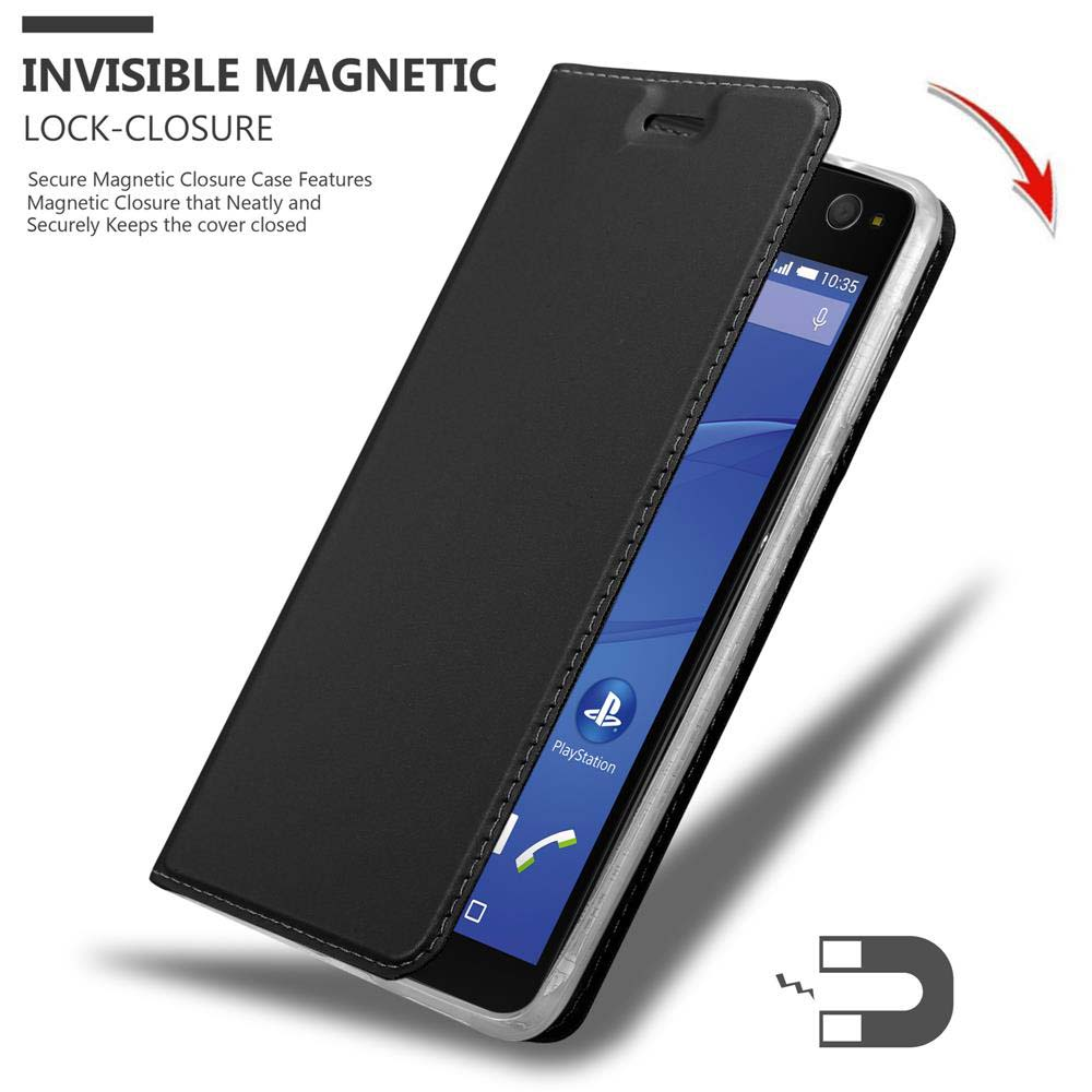 Una custodia nera per telefono in fase di chiusura. Viene mostrato un magnete. Lo schermo del telefono è visibile.